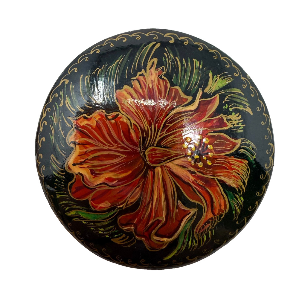 Russian Folk Art Hibiscus Brooch Hand Painted Wood Black Lacquer Pin 2”